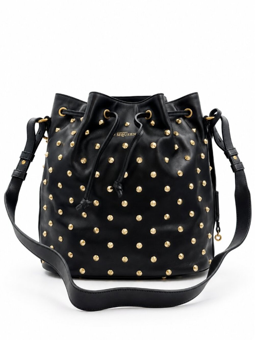 Alexander McQueen Black Leather Studded Bucket Shoulder Bag Gold Hardware